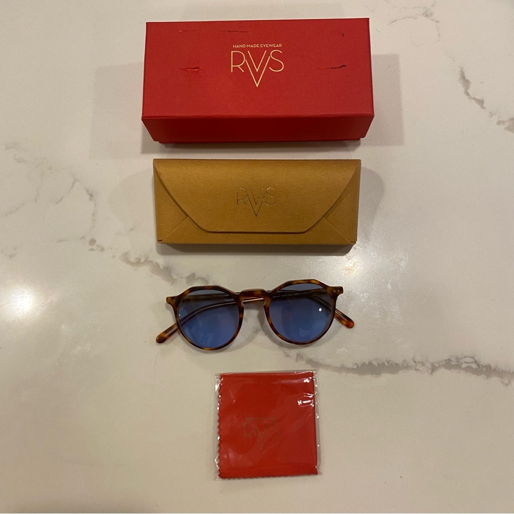RVS Eyewear Handmade Tortoise Shell Sunglasses with Blue Lenses NEW UNWORN